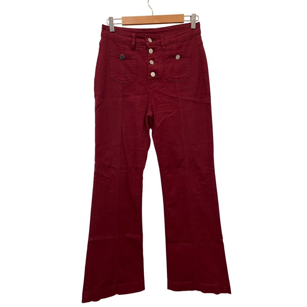 Women's Stretch Button Fly Fit Flare Bottom Pants Jeans in Burgundy Size Medium